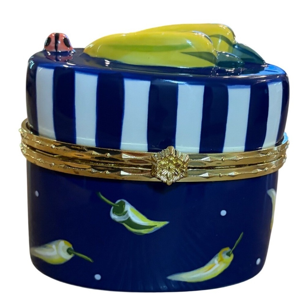 Eileen Tramonte Zrike Ceramic Chili Pepper Trinket Box Blue Ladybug‎ Style 1069